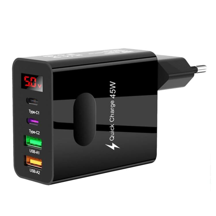 2 USB + 2 Typ-C Digitalanzeige Handy-Mehrfachladegerät, EU Stecker Schwarz, US Stecker Schwarz, UK Stecker Schwarz, EU Stecker Weiß, US Stecker Weiß, UK Stecker Weiß