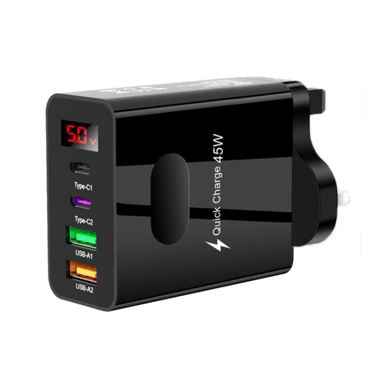 2 USB + 2 Typ-C Digitalanzeige Handy-Mehrfachladegerät, EU Stecker Schwarz, US Stecker Schwarz, UK Stecker Schwarz, EU Stecker Weiß, US Stecker Weiß, UK Stecker Weiß