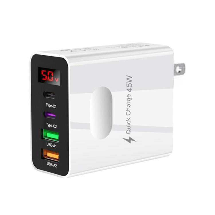 2 USB + 2 Typ-C Digitalanzeige Handy-Mehrfachladegerät, EU Stecker Schwarz, US Stecker Schwarz, UK Stecker Schwarz, EU Stecker Weiß, US Stecker Weiß, UK Stecker Weiß