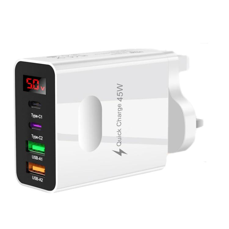 2 USB + 2 Typ-C Digitalanzeige Handy-Mehrfachladegerät, EU Stecker Schwarz, US Stecker Schwarz, UK Stecker Schwarz, EU Stecker Weiß, US Stecker Weiß, UK Stecker Weiß
