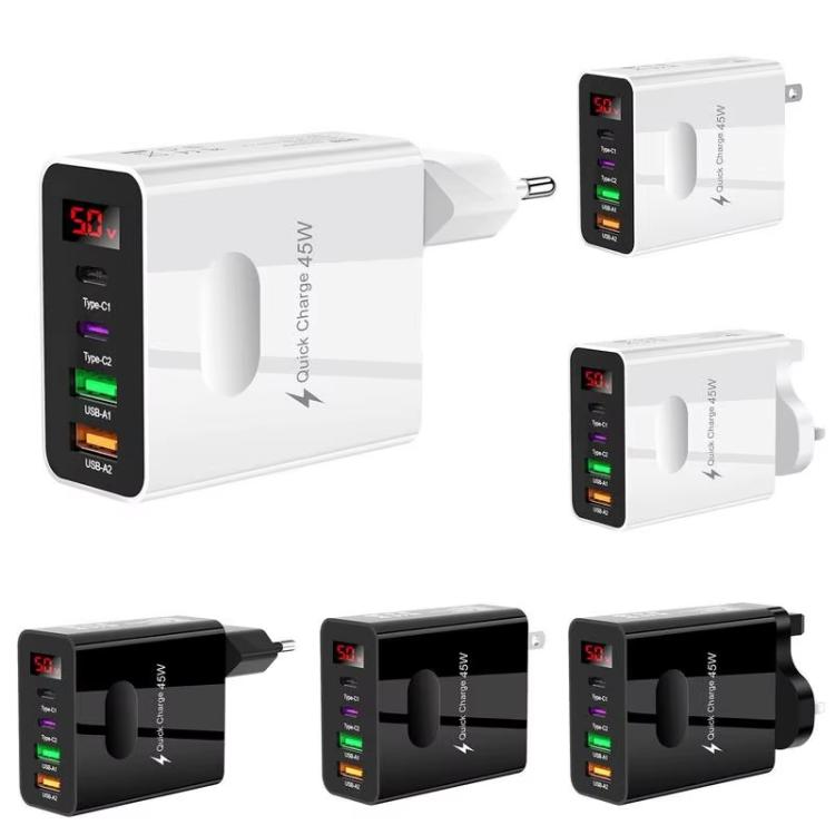 2 USB + 2 Typ-C Digitalanzeige Handy-Mehrfachladegerät, EU Stecker Schwarz, US Stecker Schwarz, UK Stecker Schwarz, EU Stecker Weiß, US Stecker Weiß, UK Stecker Weiß