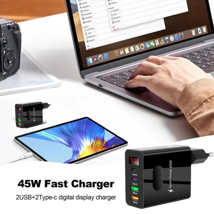 2 USB + 2 Typ-C Digitalanzeige Handy-Mehrfachladegerät, EU Stecker Schwarz, US Stecker Schwarz, UK Stecker Schwarz, EU Stecker Weiß, US Stecker Weiß, UK Stecker Weiß