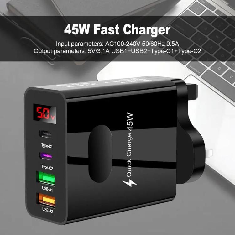 2 USB + 2 Typ-C Digitalanzeige Handy-Mehrfachladegerät, EU Stecker Schwarz, US Stecker Schwarz, UK Stecker Schwarz, EU Stecker Weiß, US Stecker Weiß, UK Stecker Weiß