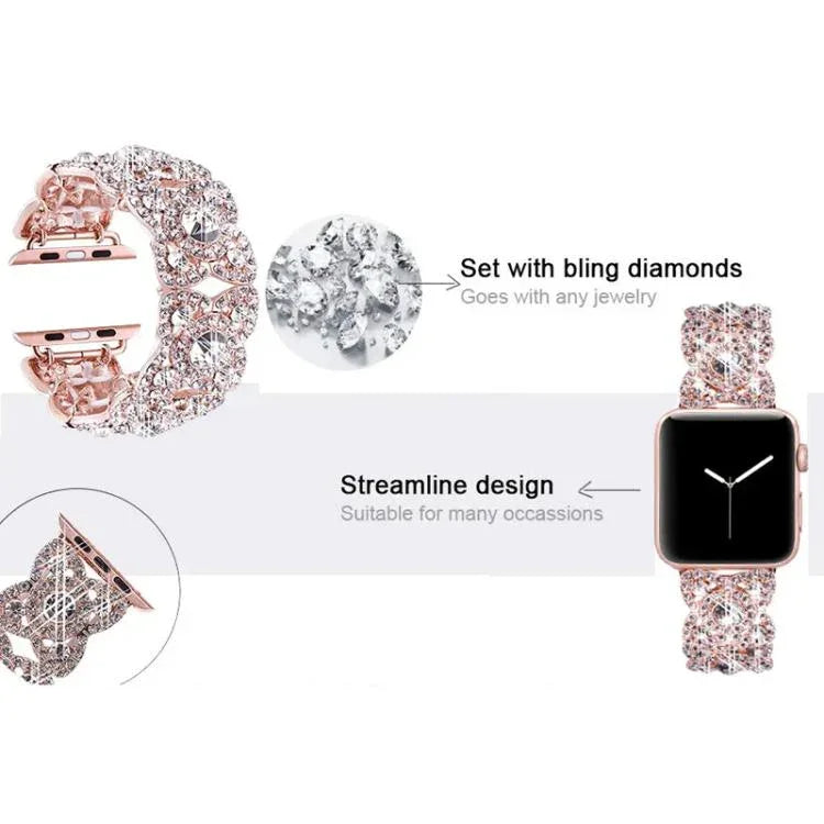 Metallarmband mit Blütenblattmuster und Diamanten für Apple Watch Series 9 / 8 / 7 / 6 / SE / 5 / 4 / 3, 1215 Silber, 1202 Silber, 1215 Schwarz, 1202 Schwarz, 1215 Roségold, 1202 Roségold, 1202 Roségold-Rot, 1215 Gold