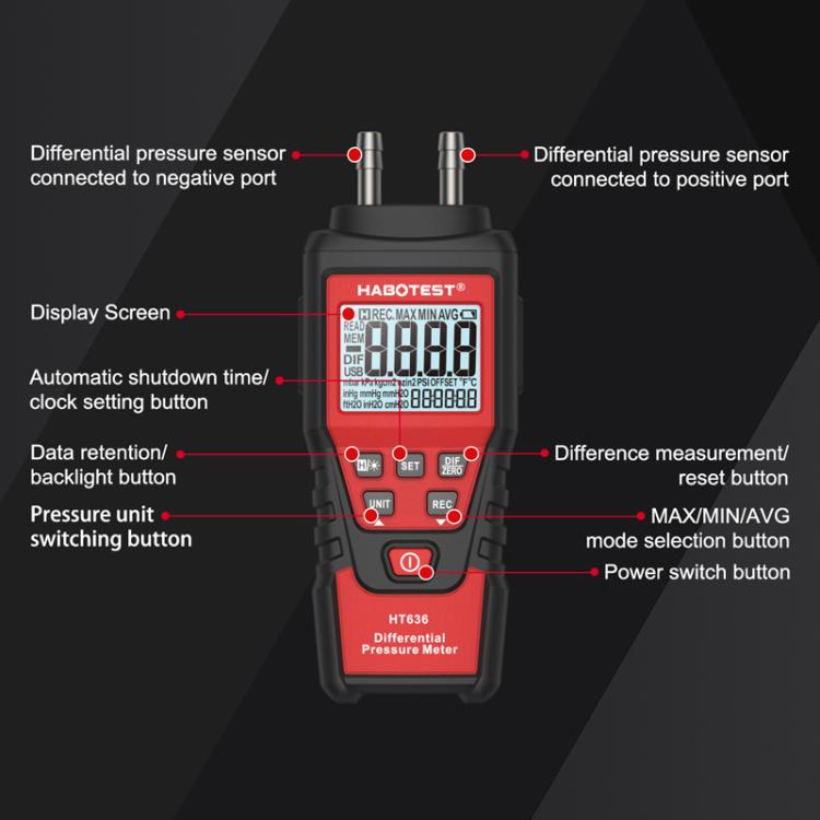 HABOTEST HT636 Hochpräzises Differenzdruckmessgerät Digitaler Mikro-Drucktester, HT636