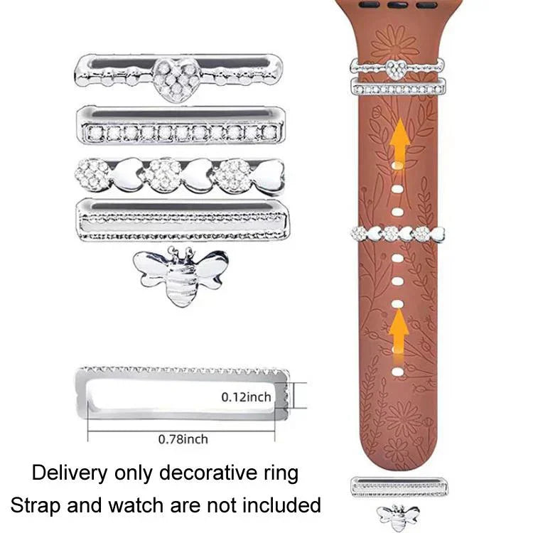 5er-Set Silikonarmbänder für Smartwatches (20 mm breit), dekorative Ringe aus Metall, Farben: Gold 1, Silber 2, Roségold 3, Roségold 4, Silber 5, Roségold 6, Gold 7, Roségold 8, Gold 9