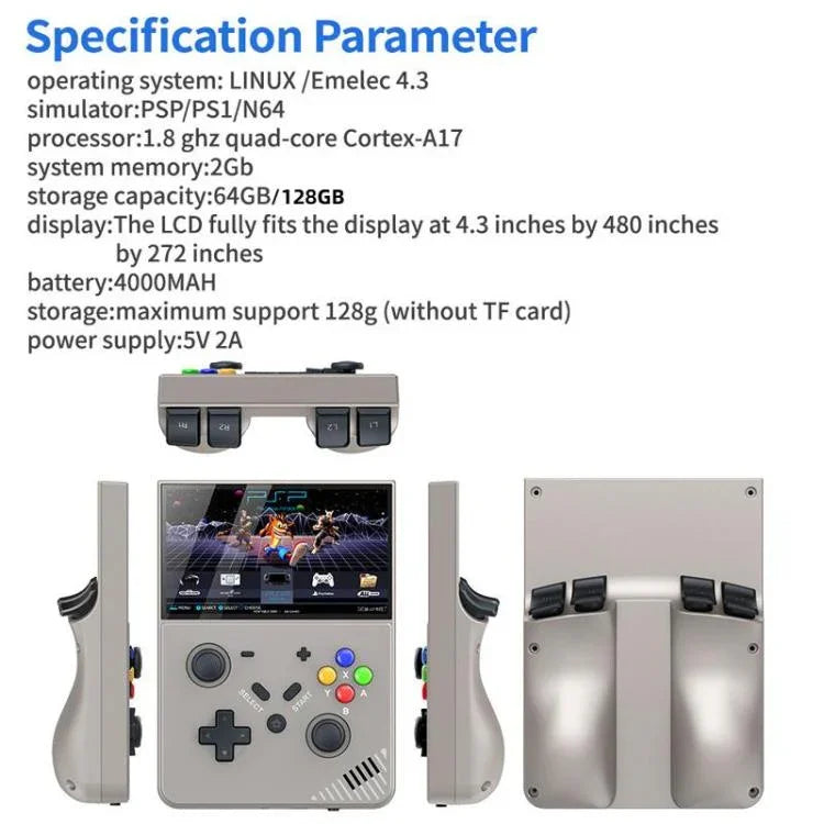 R43 Pro Handheld-Spielkonsole mit 4K-HD-Bildschirm (4,3 Zoll), tragbarer Videospielplayer für Zuhause, transparentes Schwarz (64 GB), Grau (64 GB), transparentes Schwarz (128 GB), Grau (128 GB)