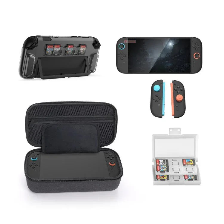 DOBE TNS-5112 10-in-1 Aufbewahrungsset für Switch 2: Host-Tasche + Kristallhülle + Schutzfolie + Fallschutz für die Rockerkappen