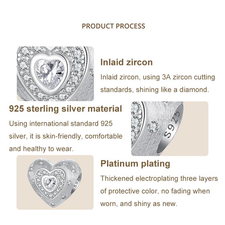 S925 Sterlingsilber Platinbeschichtete glänzende Herzperlen