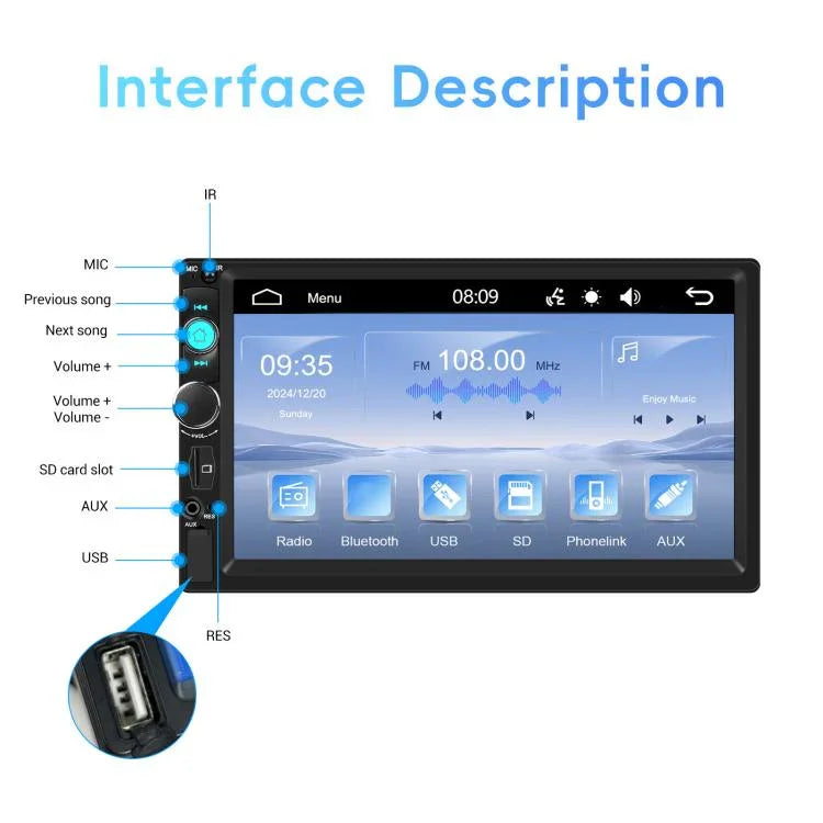 7 Inch Wired Carplay Dual Butt MP5 Player Bluetooth Big Screen Car Center Control, Standard, Standard+12 Light Camera