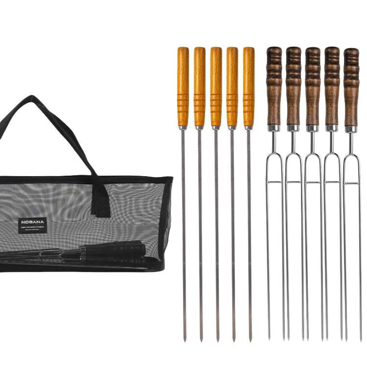 NOBANA Outdoor BBQ Grilling Fork Portable Stainless Steel Wooden Handle Grilling Skewer With Storage Bag, 7pcs /Set White, 7pcs /Set Black, 10pcs /Set White, 10pcs /Set Black