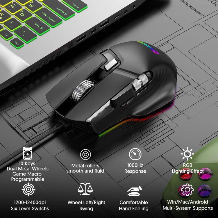 MKESPN X13 RGB kabelgebundene Gaming-Maus, volle Geschwindigkeit, 12400 DPI, 10 Tasten, Doppel-Scrollrad, Swing-Makro programmierbare Maus, X13
