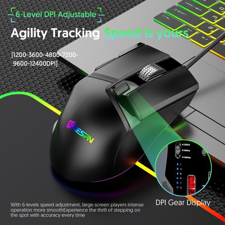 MKESPN X13 RGB kabelgebundene Gaming-Maus, volle Geschwindigkeit, 12400 DPI, 10 Tasten, Doppel-Scrollrad, Swing-Makro programmierbare Maus, X13