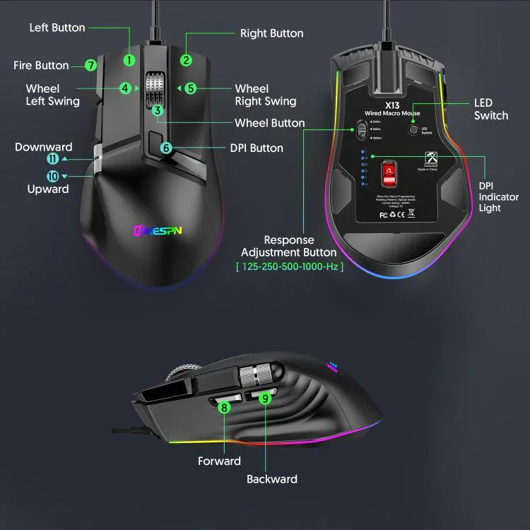 MKESPN X13 RGB kabelgebundene Gaming-Maus, volle Geschwindigkeit, 12400 DPI, 10 Tasten, Doppel-Scrollrad, Swing-Makro programmierbare Maus, X13