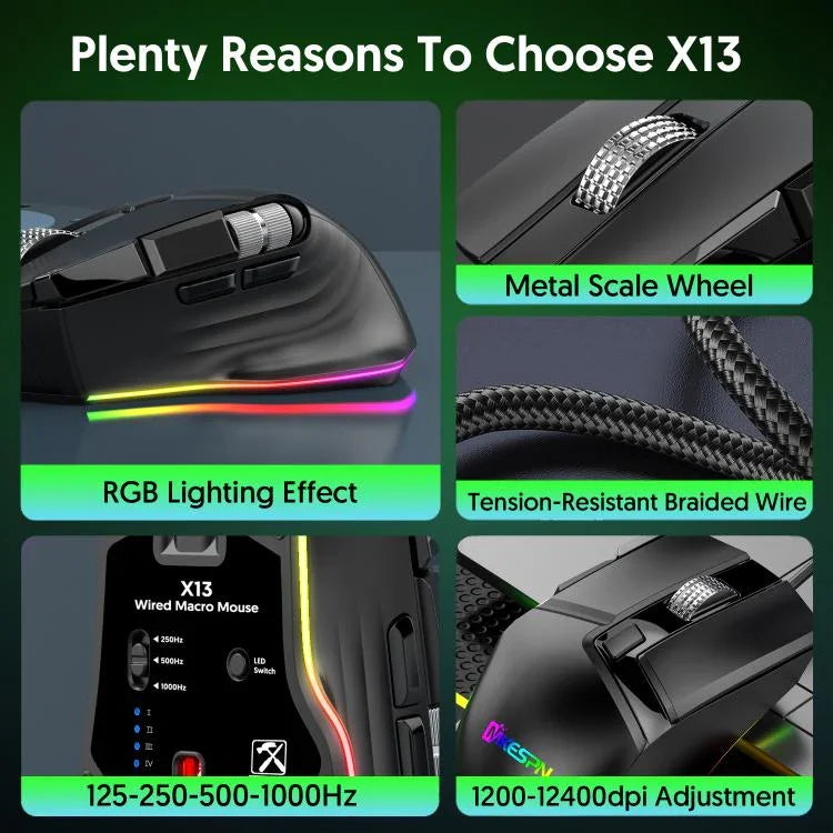 MKESPN X13 RGB kabelgebundene Gaming-Maus, volle Geschwindigkeit, 12400 DPI, 10 Tasten, Doppel-Scrollrad, Swing-Makro programmierbare Maus, X13