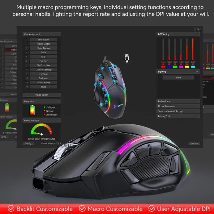 MKESPN W605 Triple-Mode 24000 DPI 12-Tasten kabellose Gaming-Maus Makro-Anpassung, W605