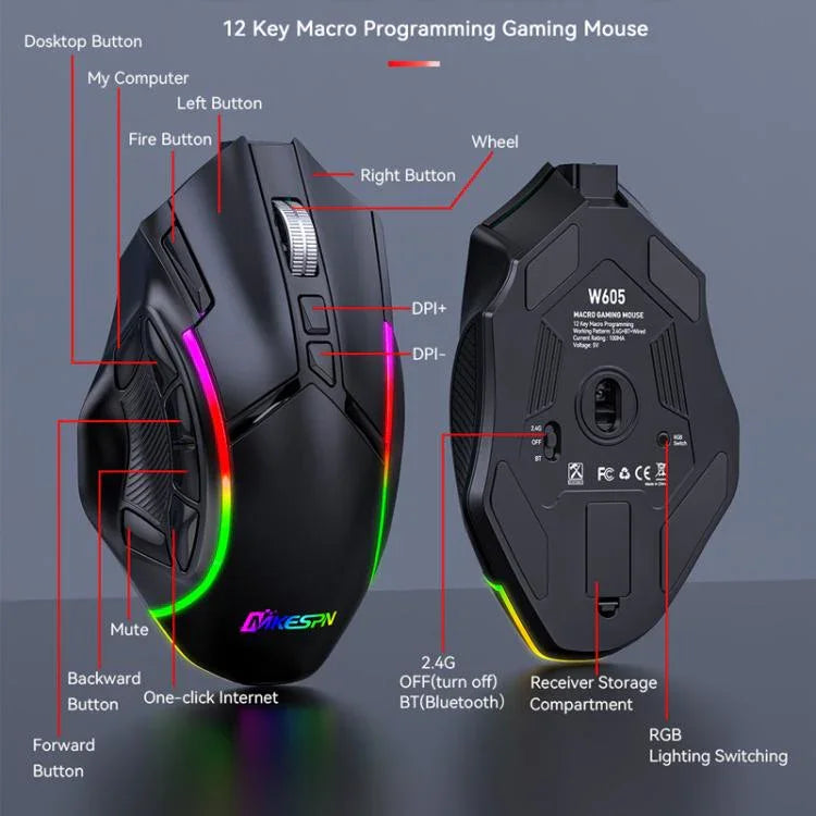 MKESPN W605 Triple-Mode 24000 DPI 12-Tasten kabellose Gaming-Maus Makro-Anpassung, W605