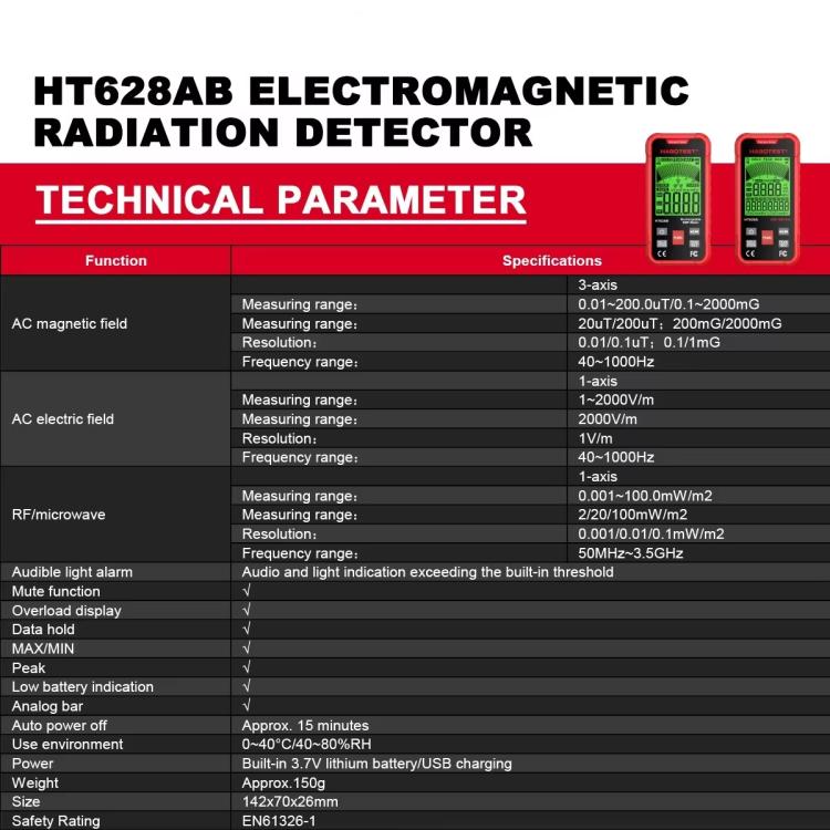 HABOTEST HT628B Multi-Feld EMF-Messgerät Wiederaufladbarer elektromagnetischer Strahlungstester, HT628B