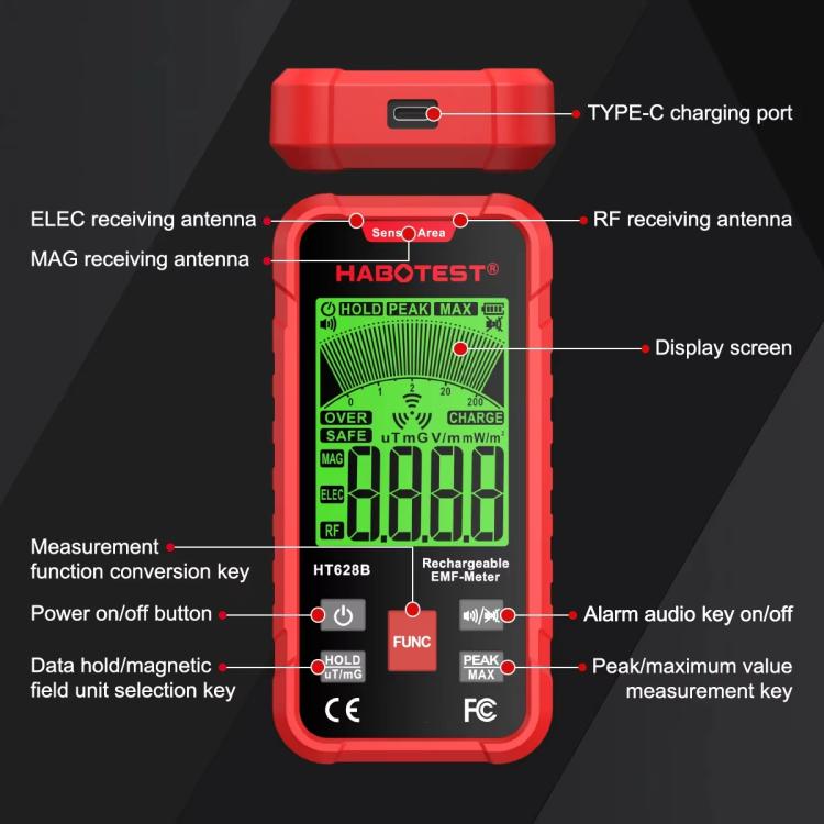 HABOTEST HT628B Multi-Feld EMF-Messgerät Wiederaufladbarer elektromagnetischer Strahlungstester, HT628B