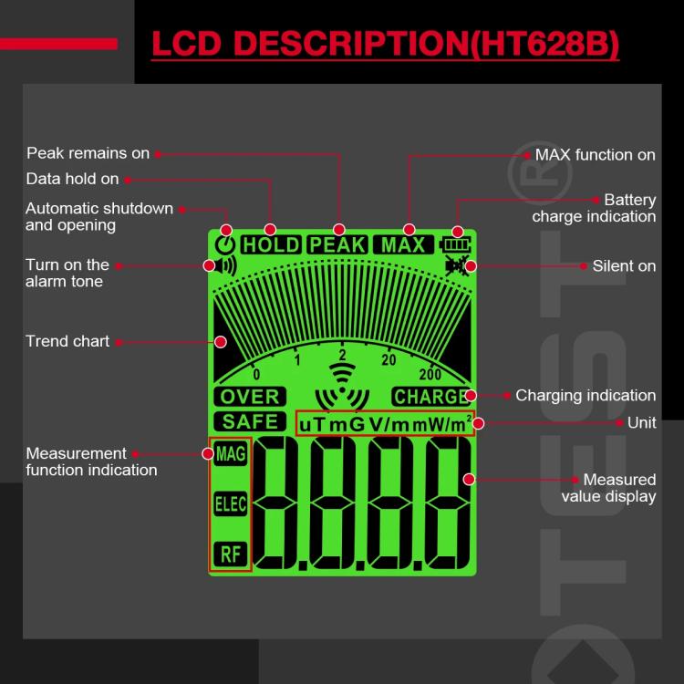 HABOTEST HT628B Multi-Feld EMF-Messgerät Wiederaufladbarer elektromagnetischer Strahlungstester, HT628B