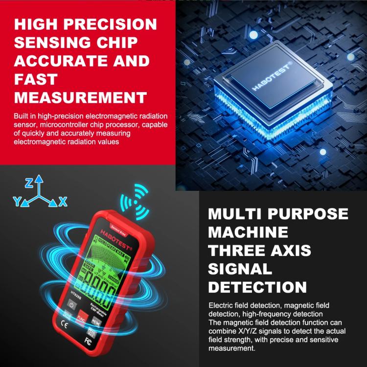 HABOTEST HT628B Multi-Feld EMF-Messgerät Wiederaufladbarer elektromagnetischer Strahlungstester, HT628B