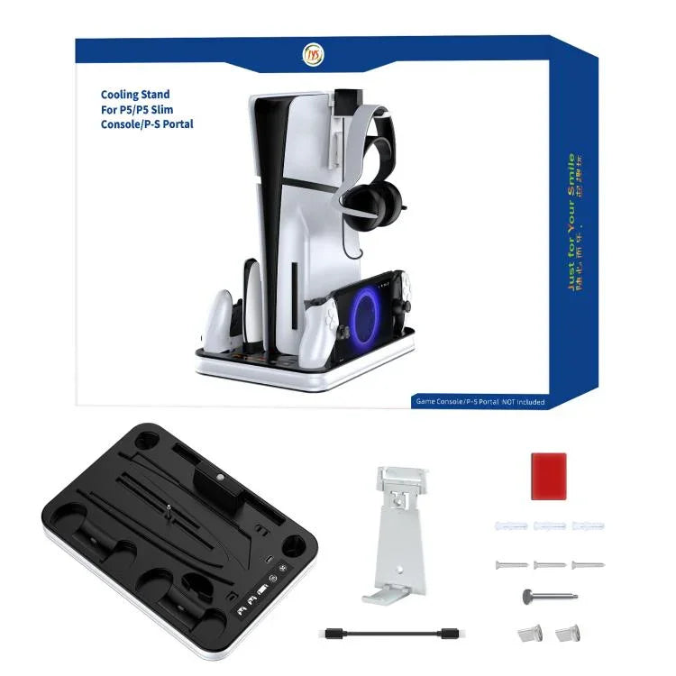 JYS Ladestation mit Display für PS5/PS5 Slim/PS Portal Dual-Controller-Dock mit Kühlgebläse und Kopfhörerhaken