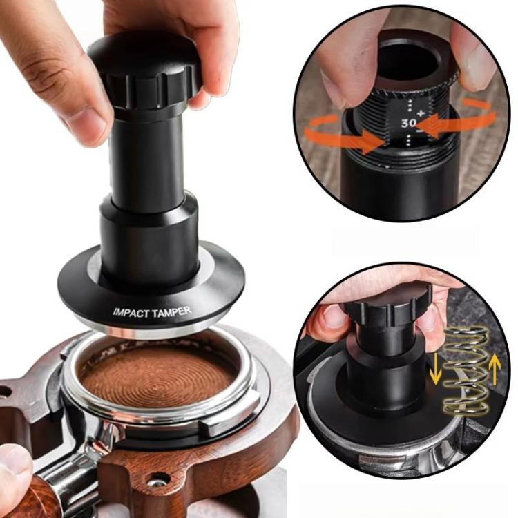 Verstellbarer Impact-Kaffeestampfer mit Gewindebasis Federbelastetes Espresso-Stempelwerkzeug, 51 mm, 53 mm
