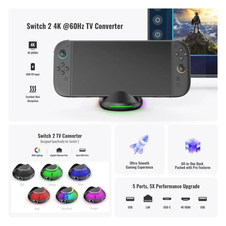 Für Nintendo Switch 2 JYS 4K 60Hz TV-Dock 5-in-1 HUB mit Gigabit-Ethernet-Anschluss und RGB-Umgebungsbeleuchtung, JYS