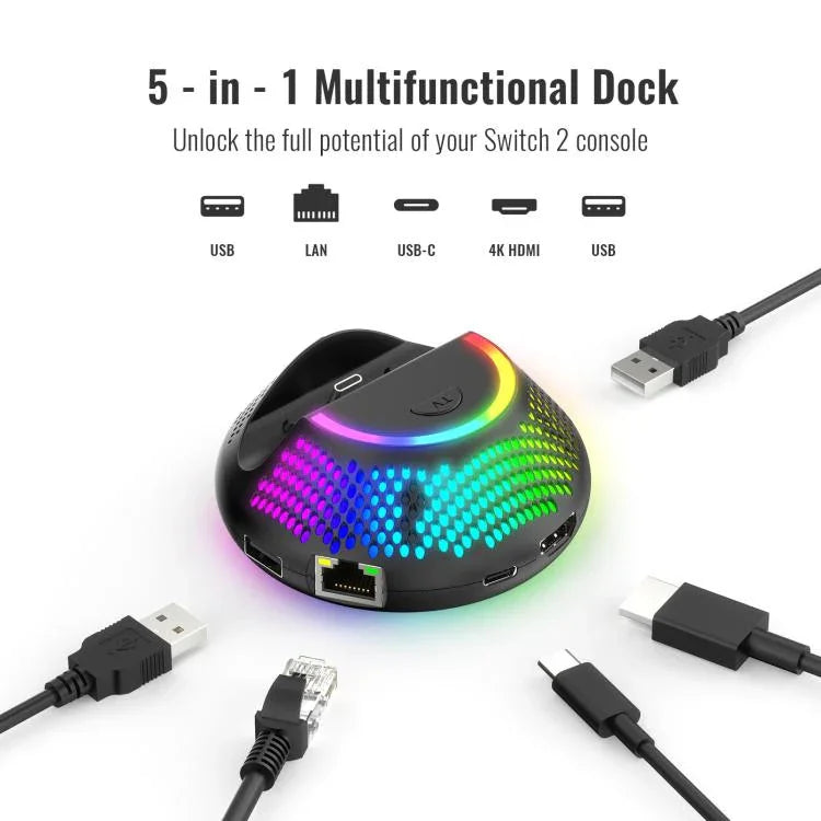 Für Nintendo Switch 2 JYS 4K 60Hz TV-Dock 5-in-1 HUB mit Gigabit-Ethernet-Anschluss und RGB-Umgebungsbeleuchtung, JYS