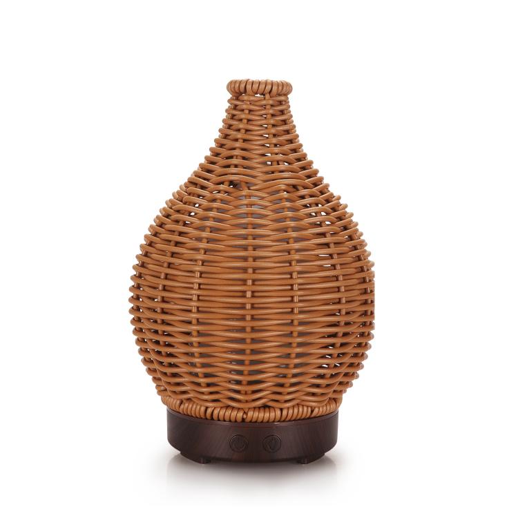 100ML Hohle Rattan Ultraschall-Luftbefeuchter & Aromatherapie-Diffusor mit 7-Farben LED-Lichtern, 5V USB, 24V EU-Stecker