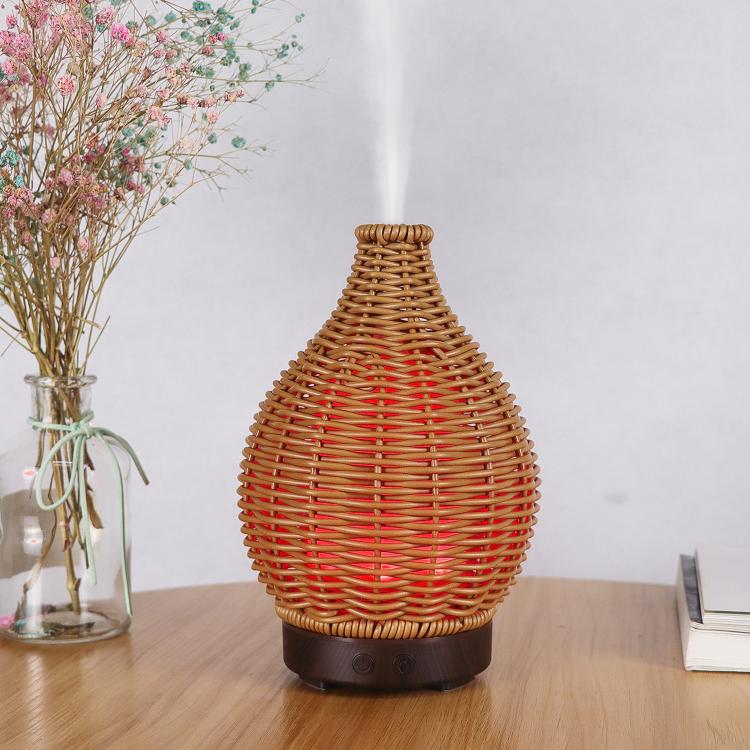 100ML Hohle Rattan Ultraschall-Luftbefeuchter & Aromatherapie-Diffusor mit 7-Farben LED-Lichtern, 5V USB, 24V EU-Stecker