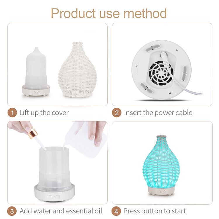 100ML Hohle Rattan Ultraschall-Luftbefeuchter & Aromatherapie-Diffusor mit 7-Farben LED-Lichtern, 5V USB, 24V EU-Stecker
