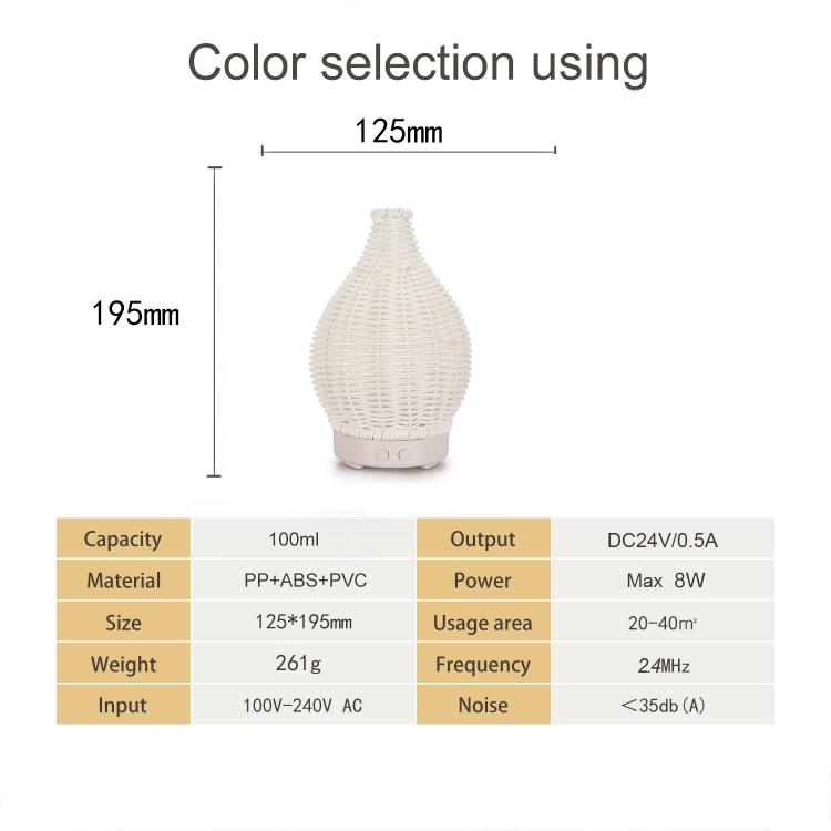 100ML Hohle Rattan Ultraschall-Luftbefeuchter & Aromatherapie-Diffusor mit 7-Farben LED-Lichtern, 5V USB, 24V EU-Stecker