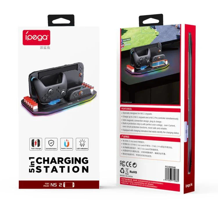 ipega Ladestation für Nintendo Switch 2 Joy-Con & Pro Controller mit RGB-Beleuchtung Spielkartenhalter, PG-SW2048