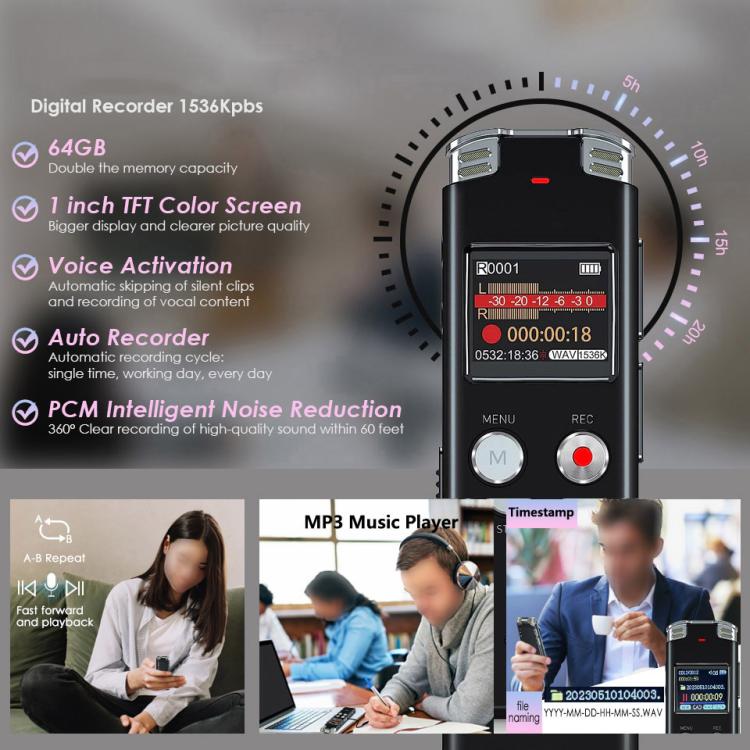 Tragbarer HD-Sprachrekorder mit Geräuschunterdrückung und Sprachaktivierung für Konferenzen, 64 GB, 128 GB