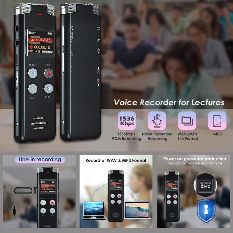 Tragbarer HD-Sprachrekorder mit Geräuschunterdrückung und Sprachaktivierung für Konferenzen, 64 GB, 128 GB