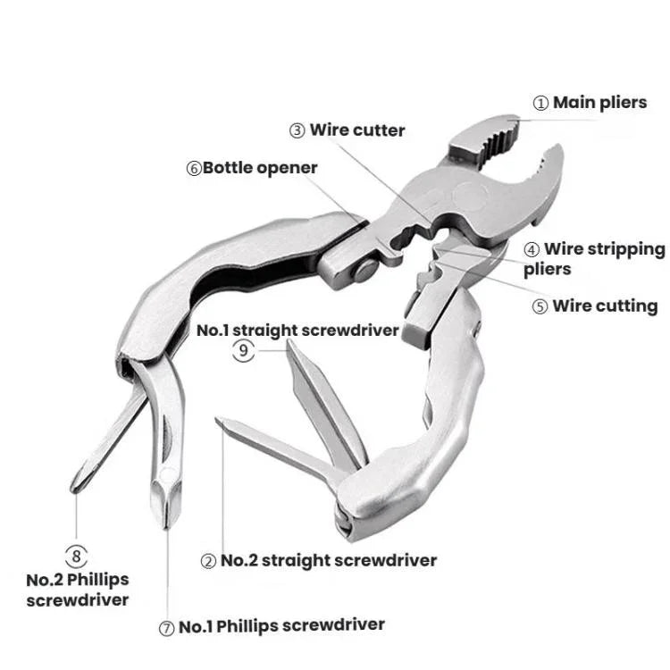 Edelstahl Multifunktions-Klemmzange Schraubendreher Tragbares EDC-Tool Flaschenöffner, 9 in 1