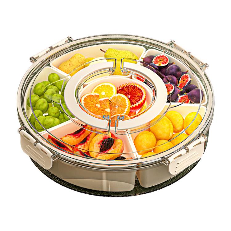 360 Grad drehbares 6-Fächer-Snacktablett mit Griff und luftdichtem Deckel – Runde, tragbare Lebensmittelaufbewahrungsbox für Obst, Nüsse, Süßigkeiten, 6 Fächer