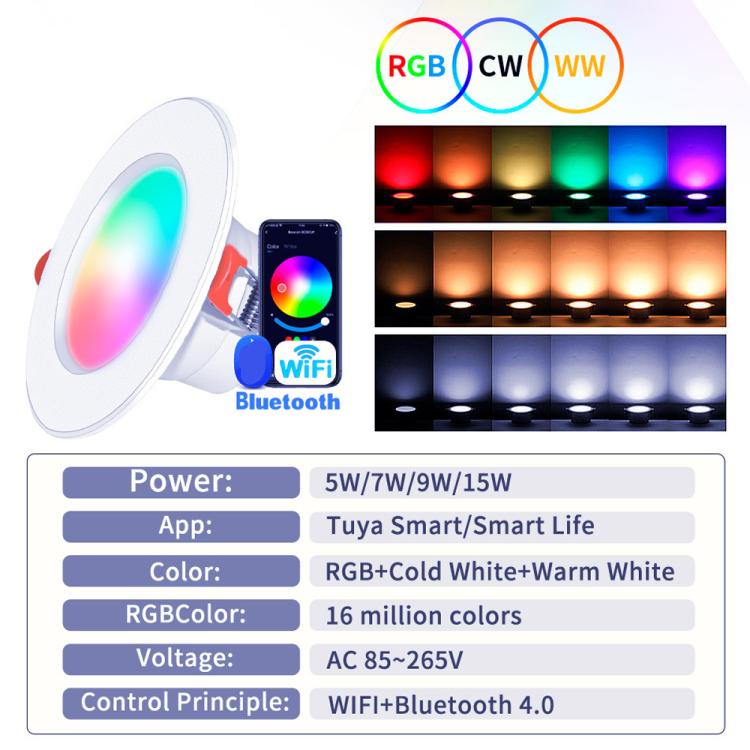 Kompatibel mit Tuya WIFI & Bluetooth Einbauleuchte RGB+CW+WW Dimmbares LED Downlight, 5W 2,5 Zoll, 7W 3,5 Zoll, 10W 4 Zoll, 15W 6 Zoll