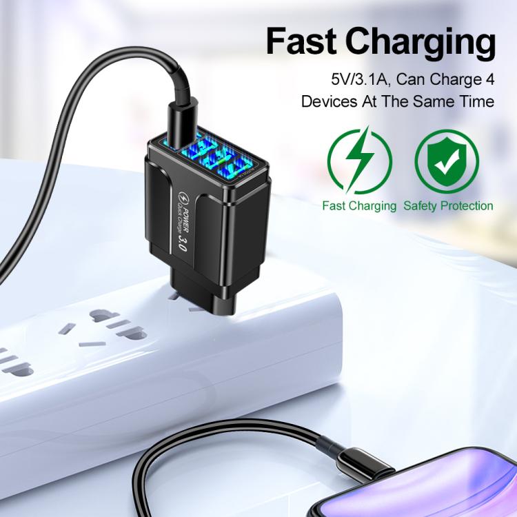 5.1A QC3.0 Schnellladefähiges 4-Port-USB-Handyladegerät, EU-Stecker, US-Stecker, UK-Stecker