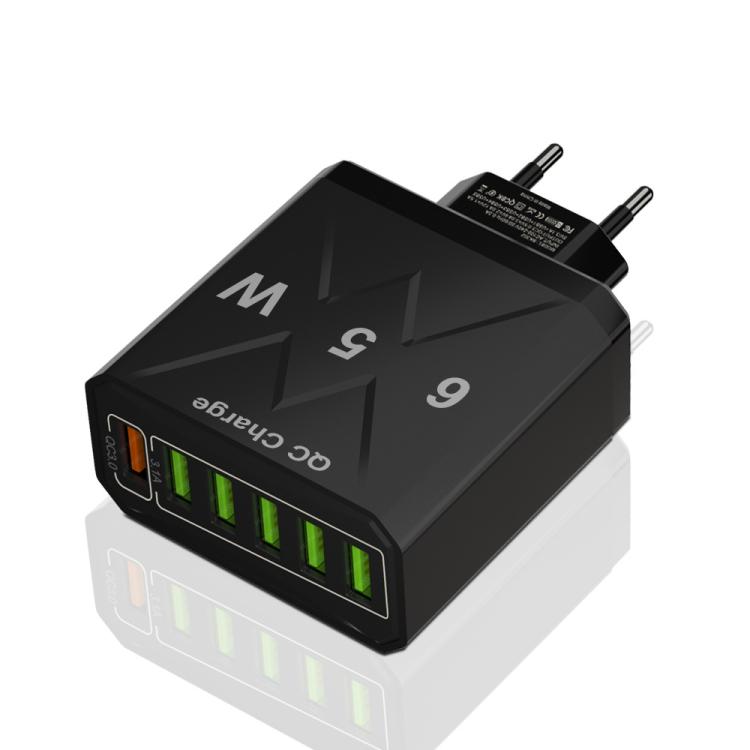 65W 6-Port USB QC3.0 Schnelllade-Handy-Ladegerät, EU-Stecker (Schwarz), EU-Stecker (Weiß), US-Stecker (Schwarz), US-Stecker (Weiß), UK-Stecker (Schwarz), UK-Stecker (Weiß)