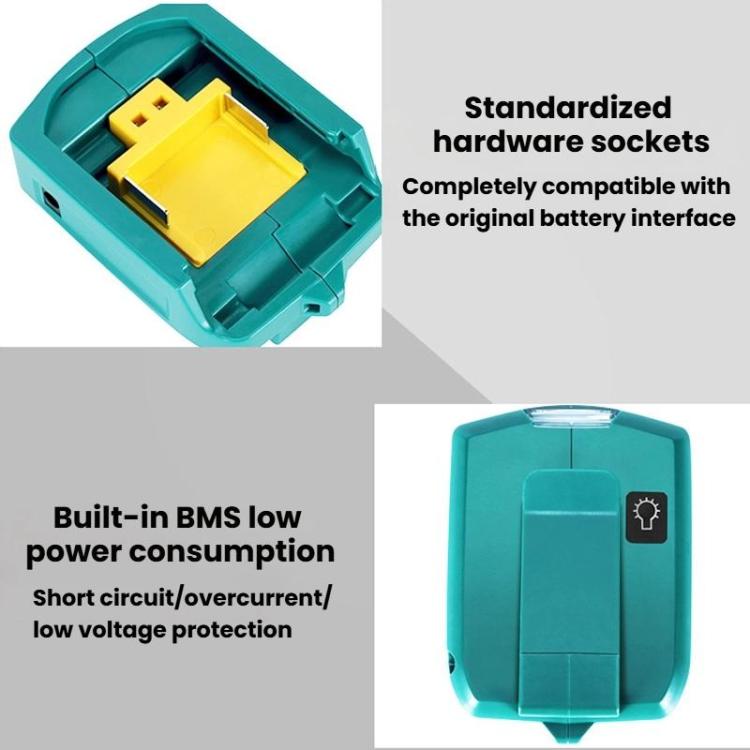 Für Makita 14,4V/18V Lithium-Akku Adapter mit LED-Beleuchtung, Dual USB + DC