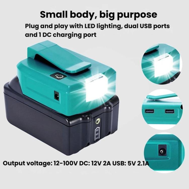 Für Makita 14,4V/18V Lithium-Akku Adapter mit LED-Beleuchtung, Dual USB + DC