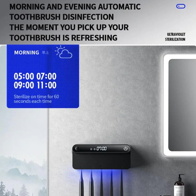 Intelligenter UV-Zahnbürstensterilisator und -trockner mit Bewegungssensor, Zeitanzeige, USB-C-Schnellladung, bohrfreier Wandhalterung