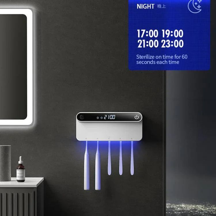 Intelligenter UV-Zahnbürstensterilisator und -trockner mit Bewegungssensor, Zeitanzeige, USB-C-Schnellladung, bohrfreier Wandhalterung