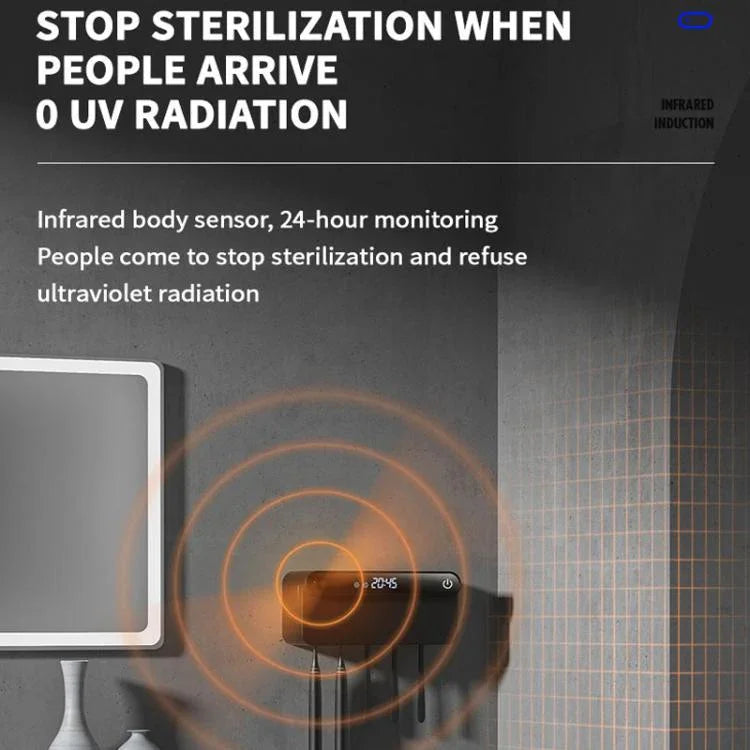 Intelligenter UV-Zahnbürstensterilisator und -trockner mit Bewegungssensor, Zeitanzeige, USB-C-Schnellladung, bohrfreier Wandhalterung