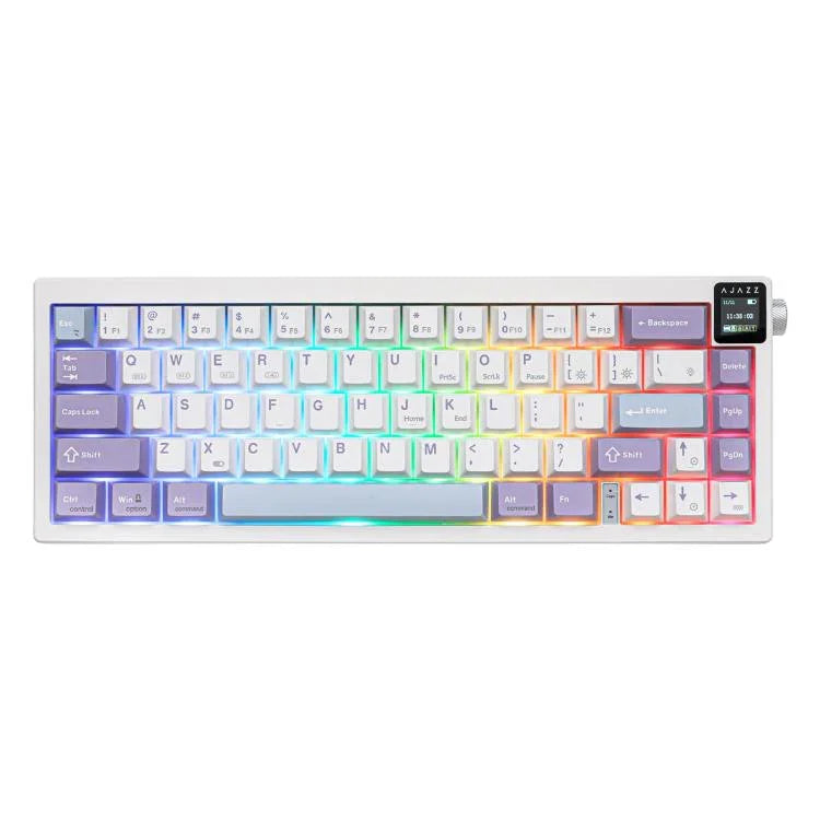 Ajazz AK650 Tri-Mode Kabellose Mechanische Tastatur mit Bildschirm, Knopf und RGB-Beleuchtung, Flying Fish Switch Lila Weiß Blau, Dream Switch Lila Weiß Blau, Dream Switch Schwarz Grau Gelb, Dream Switch Seitenbeschriftung Gradient Blackberry