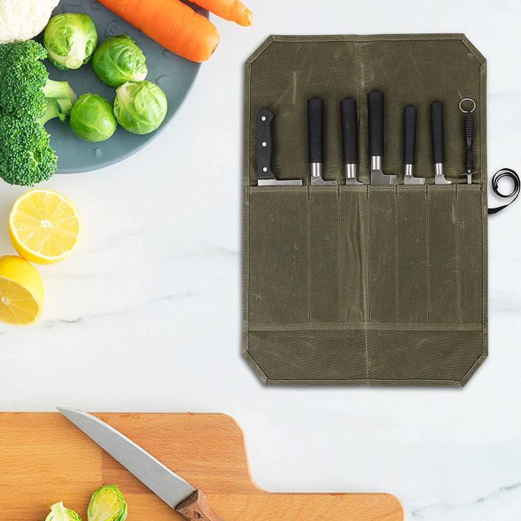Messer-Organizer aus gewachstem Segeltuch, tragbare Picknick-Aufbewahrungstasche, 7 Fächer (Armeegrün), 7 Fächer (Khaki)