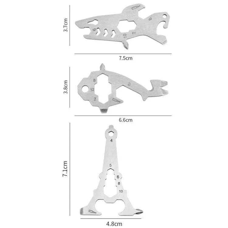 Flaschenöffner-Schraubwerkzeug aus Edelstahl für den Außenbereich, Multi-Tool-Karte, Turmform, Haiform, Giraffenform