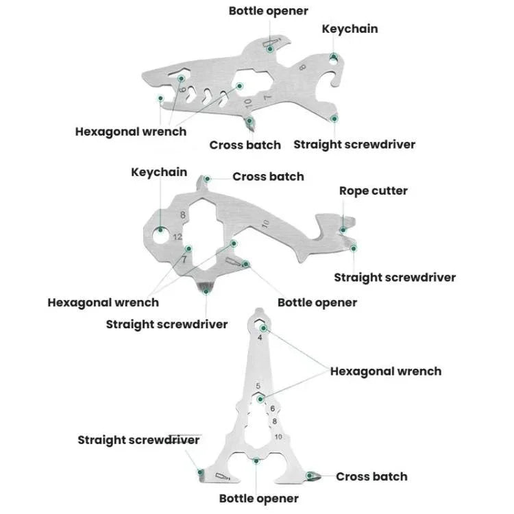 Flaschenöffner-Schraubwerkzeug aus Edelstahl für den Außenbereich, Multi-Tool-Karte, Turmform, Haiform, Giraffenform